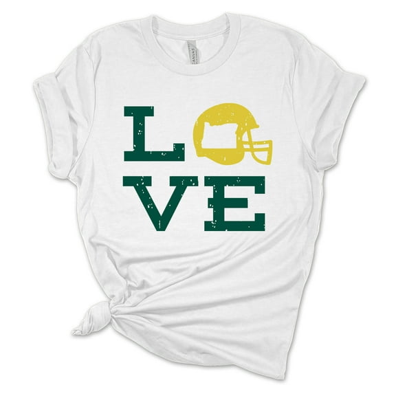 Womens Oregon Football Team Color Green and Yellow Love Oregon Helmet Short Sleeve T-shirt-White-small