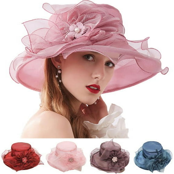 Womens Organza Church Fascinator Bridal Tea Party Wedding Hat Flower Wide Brim Sun Beach Hat