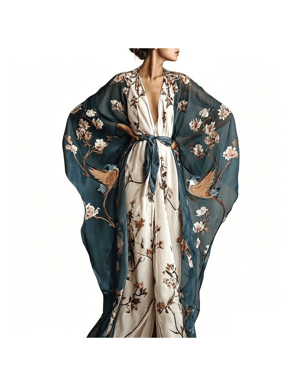 Womens Oriental Style Chiffon Kimono Robe, Lightweight Floral & Crane Print Long Cover Up Gown