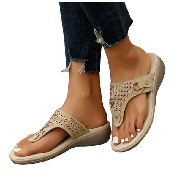 Womens Orthopedic Flip Flop Wedge Slides Sandals with Arch Support Comfortable Leather Walking Slip on Shoes