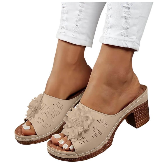 Womens Orthopedic Platform High Heels Sandals Bohemian Flower Peep Toe Chunky High Heels Dress Slip on Shoes