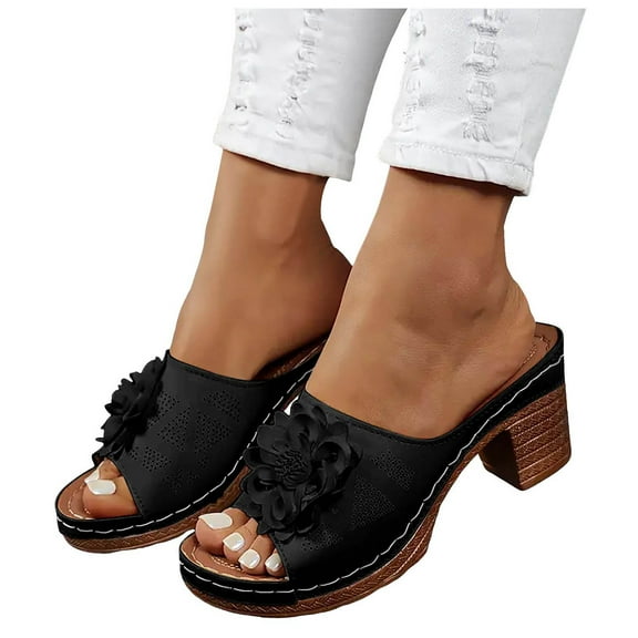 Womens Orthopedic Platform High Heels Sandals Bohemian Flower Peep Toe Chunky High Heels Dress Slip on Shoes