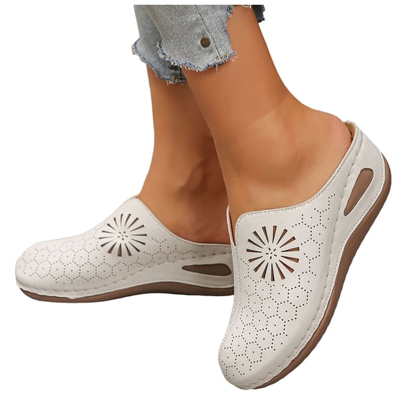 Womens Orthopedic Sandals Hollow out Mules Closed Round Toe Slip on Summer Slides Comfortable Platform Low Wedge Walking Shoes Beige Size 7.5
