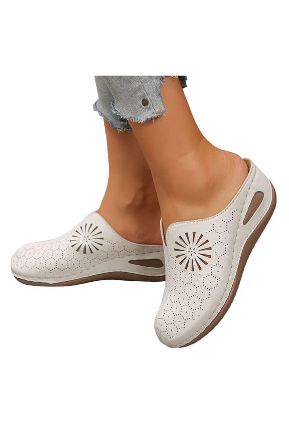 Womens Orthopedic Sandals Hollow out Mules Closed Round Toe Slip on Summer Slides Comfortable Platform Low Wedge Walking Shoes Beige Size 9