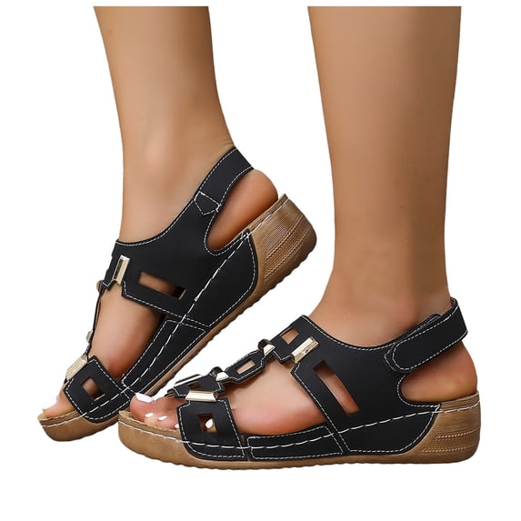 Womens Orthopedic Sandals Low Wedge Slingback Walking Shoes Fashion Buckle Cutout Leather Platform Beach Shoes Black Size 8