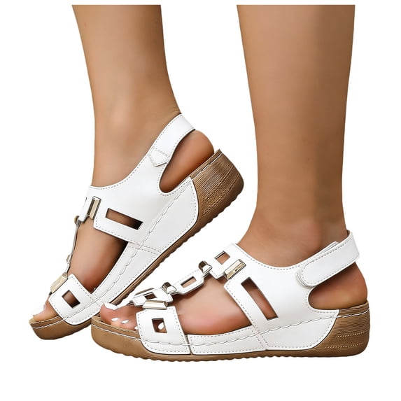 Womens Orthopedic Sandals Low Wedge Slingback Walking Shoes Fashion Buckle Cutout Leather Platform Beach Shoes White Size 7