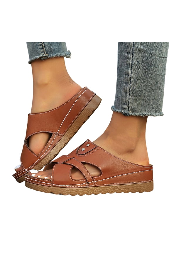 Womens Orthopedic Sandals Open Toe Splice Leather Wedge Slides Comfortable Arch Support Casual Walking Shoes Slippers Brown Size 9.5