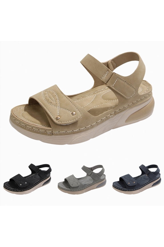 Womens Orthopedic Sandals Walking Comfortable Arch Support Open Toe Slip on Adjustable Strap Wide Width Summer Holiday Slides Shoes Khaki Size 8.5