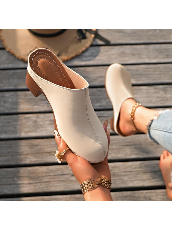 Womens Orthopedic Shoes, Wide Width High Heel Clogs With Arch Support 2026 Closed Toe Slip On Suede Slides for Women Fashion Chunky Block Heel Round Toe Mule Indoor Outdoor Slippers, Beige 6