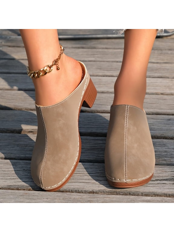Womens Orthopedic Shoes, Wide Width High Heel Clogs With Arch Support 2026 Closed Toe Slip On Suede Slides for Women Fashion Chunky Block Heel Round Toe Mule Indoor Outdoor Slippers, Khaki 7.5
