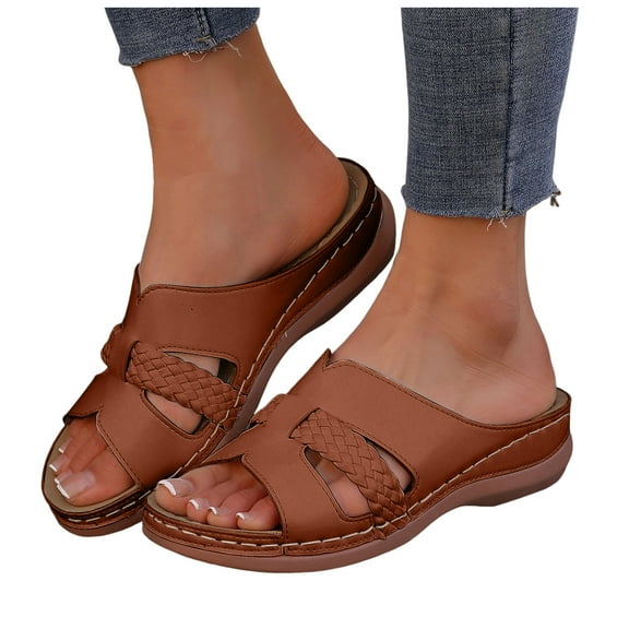 Womens Orthopedic Slides Sandals Comfortable Leather Peep Toe Walking Slip on Summer Shoes with Arch Support
