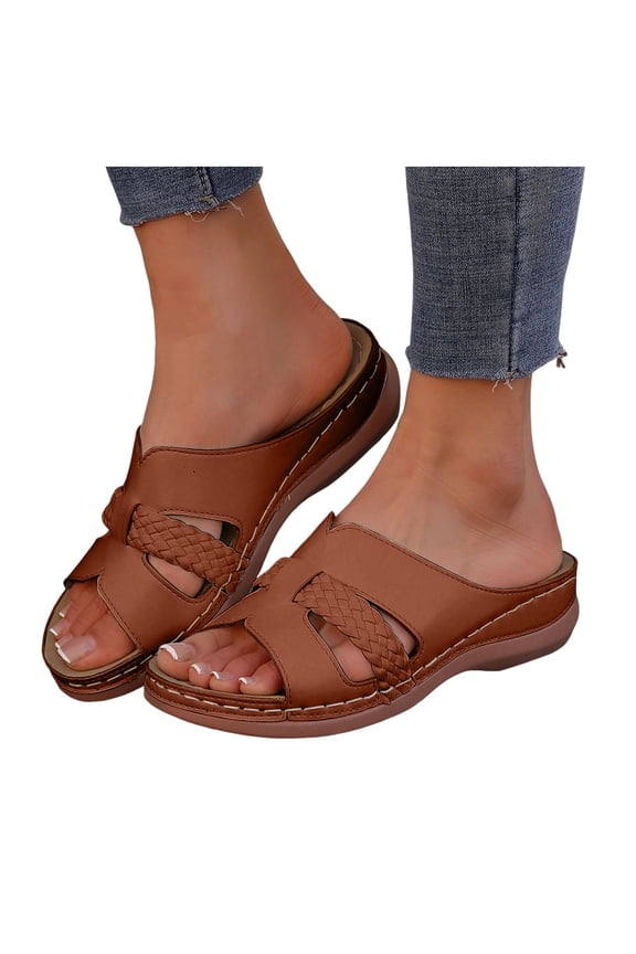 Womens Orthopedic Slides Sandals Comfortable Leather Peep Toe Walking Slip on Summer Shoes with Arch Support