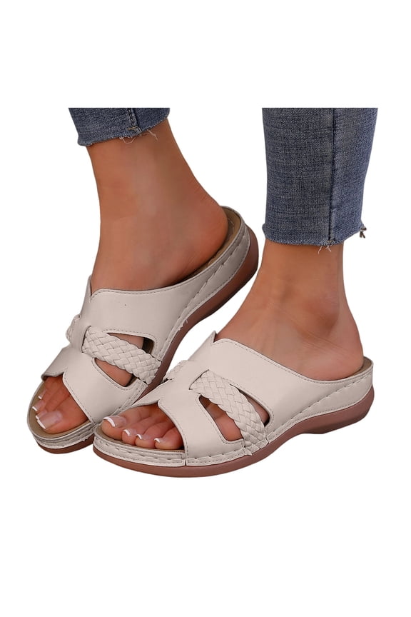 Womens Orthopedic Slides Sandals Comfortable Leather Peep Toe Walking Slip on Summer Shoes with Arch Support
