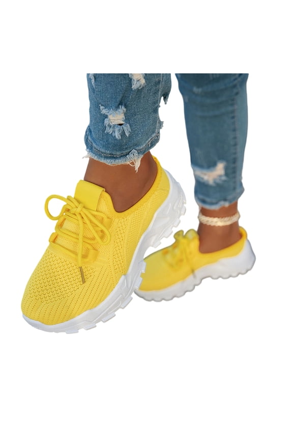 Womens Orthopedic Sneakers Comfortable Mesh Lace up Sports Shoes Breathable Wedge Platform Casual Walking Shoes Lightweight Arch Support Anti-Slip Sneakers for Outdoor Running Gym(Yellow, 5.5)