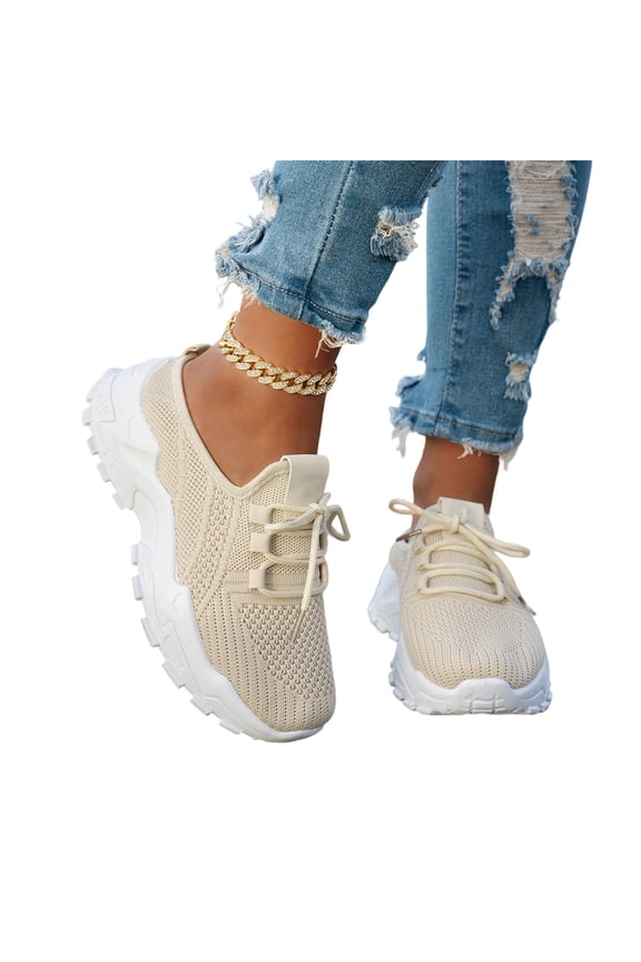 Womens Orthopedic Sneakers Comfortable Mesh Lace up Sports Shoes Breathable Wedge Platform Casual Walking Shoes Lightweight Arch Support Anti-Slip Sneakers for Outdoor Running Gym(Beige, 5.5)