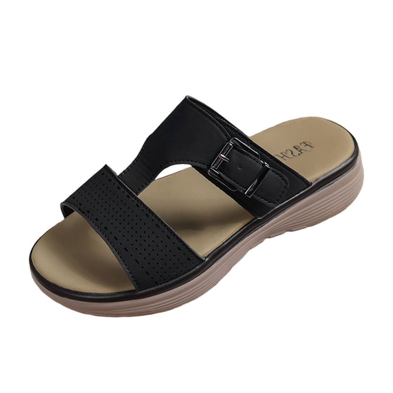 Womens Orthopedic Walking Sandals Platform Slides Casual Breathable Leather Comfy Cushioned Footbed Walking Shoes Black Size 7