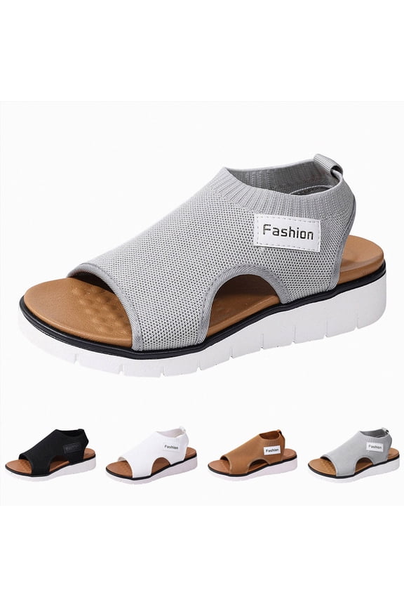 Womens Orthopedic Walking Sandals with Arch Support Summer Open Toe Knitted Sports Shoes Lightweight Platform Slip on Slides Black Size 8