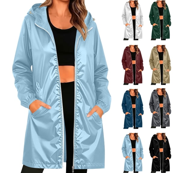 Womens Outdoor Jacket Fashion Outerwear Solid Color Winter Rainproof Hooded Long Sleeve Raincoat Jacket XXL