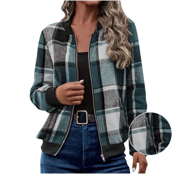 Womens Outerwear Jacket New Fashion Jacket for Women Fall Winter Trendy Zip up Causal Outerwear Long Sleeve Plaid Cropped Coats Army Green S