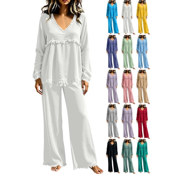 Womens Outfit Set Long Sleeve V Neck Ruffle Top and Wide Leg Pants ...