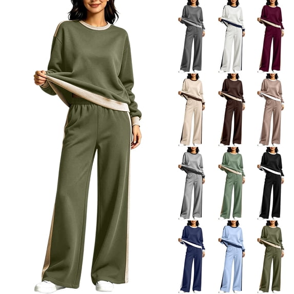 Womens Outfit Sets 2 Piece,Crew Neck Long Sleeve Sweatshirt,Side Stripe High Waist Wide Leg Pants Pocket,Fall Tracksuit,Spring Casual Outfits