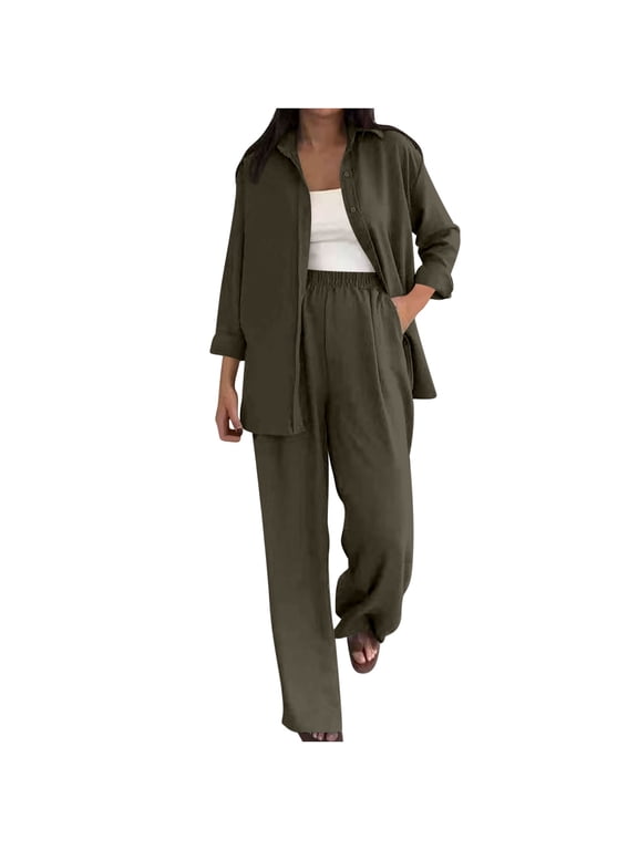 Womens Outfit Sets Sevevn Two Piece Sets for Women Summer Outfits 2025 Dressy Casual Long Sleeve Button Down Shirt Wide Leg Pants Lounge Set