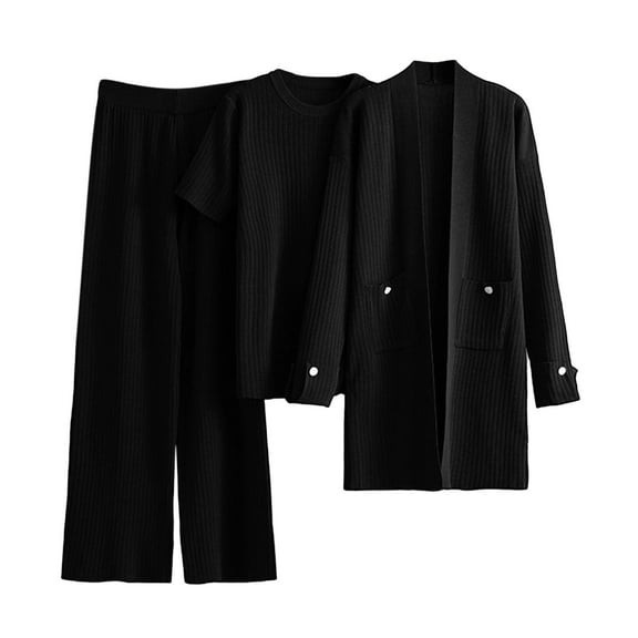 Womens Outfit Sets Sevevn Women's 3-Piece Knitted Suit Casual Set Long Sleeve Pocket Cardigan Coat Round Neck Blouse Elastic Waist Trousers
