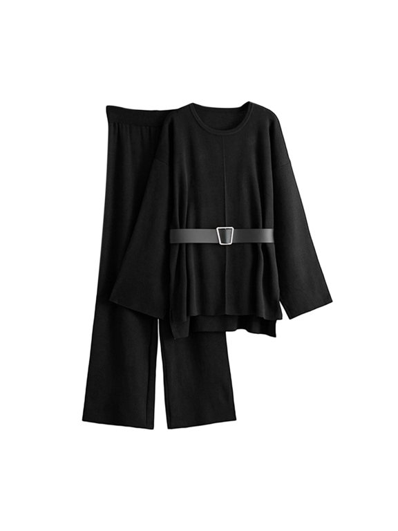 Womens Outfit Sets Sevevn Women's Casualt Pullover Sweater Long Sleeves Blouse With Belt Wide Leg Pants Two Piece Set Knitted Suit