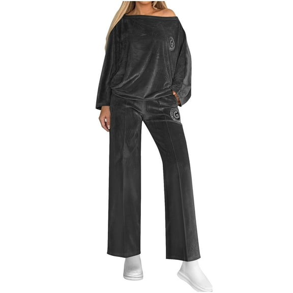 Womens Outfit Sets Sevevn Women's Winter Velvet Solid Color Long-Sleeved Round Neck Pullover Top Pantsuit
