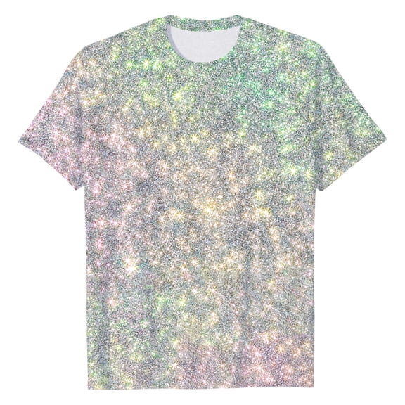Womens Outfits Carnival Glitter Print Loose Fit Short Sleeve Round Neck Petite Tops,Silver,2XL