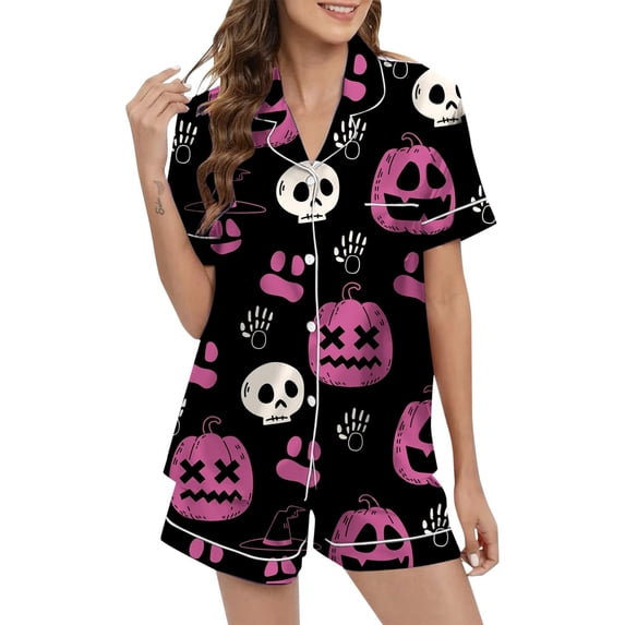 Womens Outfits Print Lapel Short Sleeve Buttoned Pocket Top And Shorts 2 Piece Halloween At Home Wear Women's Clothing Sets L
