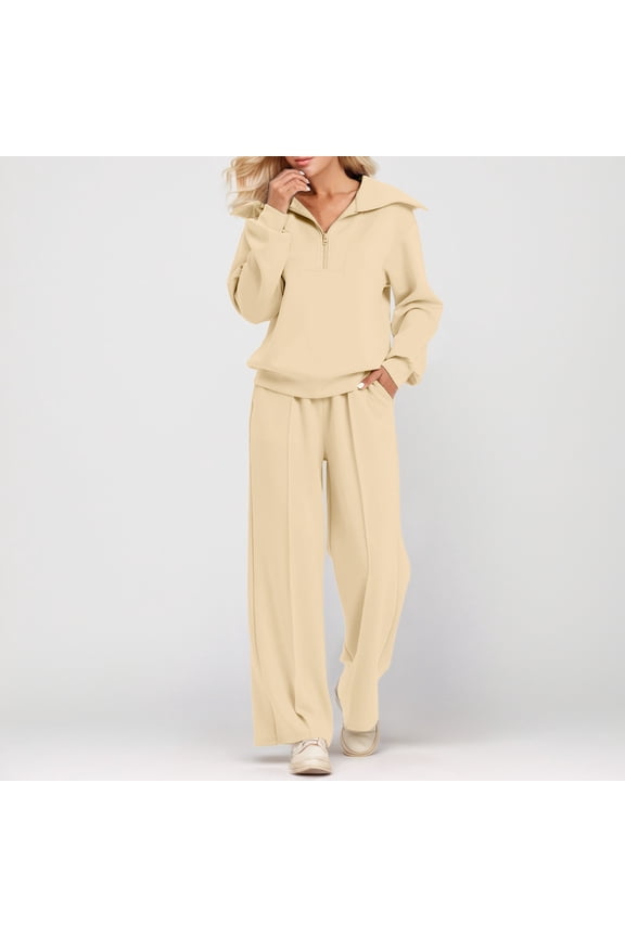 Womens Outfits Sets Half Zip Sweatshirt Matching Wide Leg Sweatpant Tracksuit Sweatsuit Set Daily-Wear
