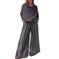 thumbnail image 1 of Womens Outfits Women's Elegant Off Shoulder Blouse and Satin Wide Leg Pants Two Piece Set Fashionable Monochrome Dressy Evening Ensemble Solid Color Crew Neck Long Sleeve Full Length Navy XXL, 1 of 4