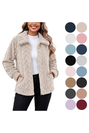 Womens Outwear Plus Size, Solid Winter Faux Coats Long Sleeve Hoddede Pockets Fleece Jacket Casual Trendy Outerwear