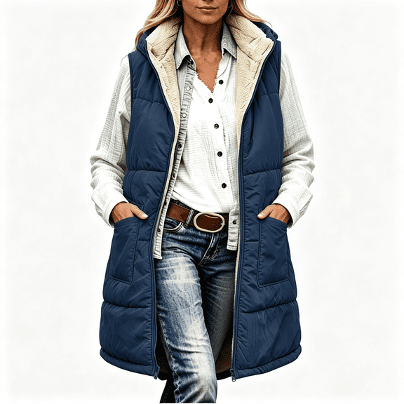 Womens Outwear Vest Fleece Lined Hooded Thick Warm Full Zip Casual Winter Sleeveless Long Jacket Navy XL