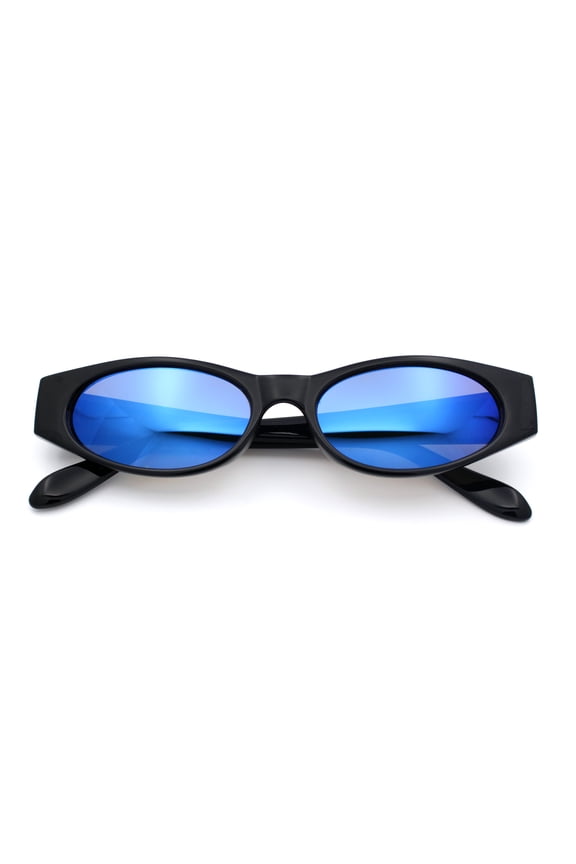 Womens Oval Color Mirror Rectangle Retro 90s Thick Temple Sunglasses Black - Blue Mirror