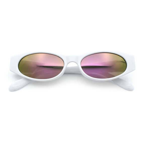 Womens Oval Color Mirror Rectangle Retro 90s Thick Temple Sunglasses White - Purple Mirror