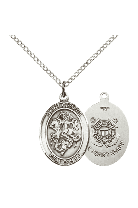 Womens Oval Pewter Saint St George Coast Guard Medal Pendant with Rhodium Plated Lite Curb Brass Chain with Lobster Claw Clasp, Catholic Religious Necklace -Made in USA-Velvet Gift Box