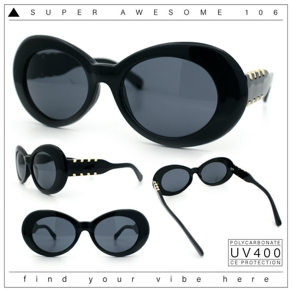 Womens Oval Round Thick Plastic Mod Fashion Fancy Arm Sunglasses All Black