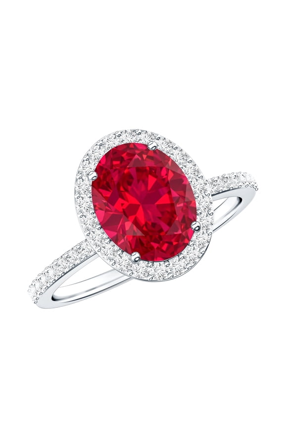 Lab Grown Ruby Oval Engagement Ring with Halo - 4 Carat - AAAA Grade - Certified Ruby Diamond Ring for Women, 925 Sterling Silver, US 3.00