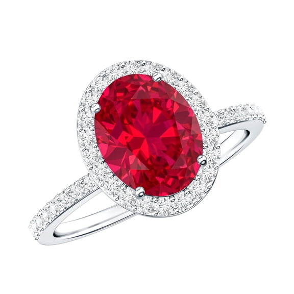 Rosec Jewels Lab Grown Ruby Oval Engagement Ring with Halo - 4 Carat - AAAA Grade - Certified Ruby Diamond Ring for Women, 925 Sterling Silver, US 4.00