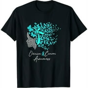 Womens Ovarian Cancer Awareness Teal Butterflies Long Sleeve T-Shirt Black Small