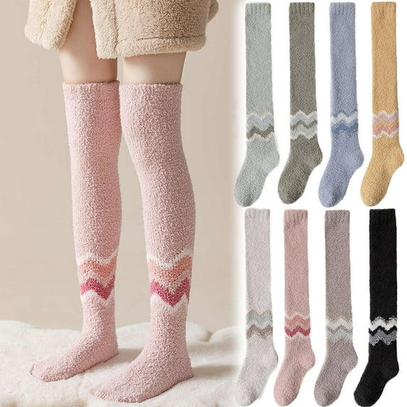 Womens Over Knee High Fuzzy Socks Soft Warm Thigh High Striped Stockings Cozy Slipper Fleece Winter Long Socks