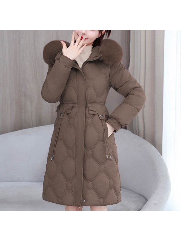 Womens Over The Knee Hooded Puffer Jacket Solid Color Waist Cinching For Flattering Winter Silhouette Womens Winter Coats