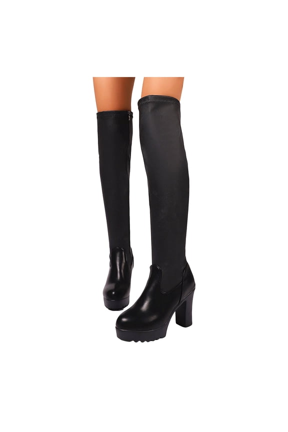 Womens Over the Knee Boots Splice Leather Round Toe Platform High Heel Thigh High Boots Casual Dress Stretch Tall Boots