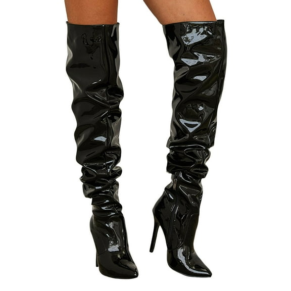 Womens Over the Knee Stiletto Dress Boots Slouchy Patent Leather Pointed Toe High Heels Thigh High Tall Boots