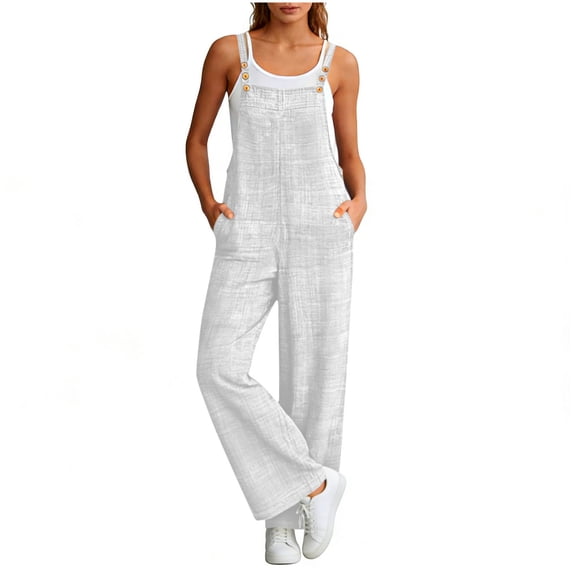 Womens Overall Jumpsuits with Pockets Adjustable Button Straps Sleeveless Loose Wide Leg Bib Romper Long Pants (S, White)