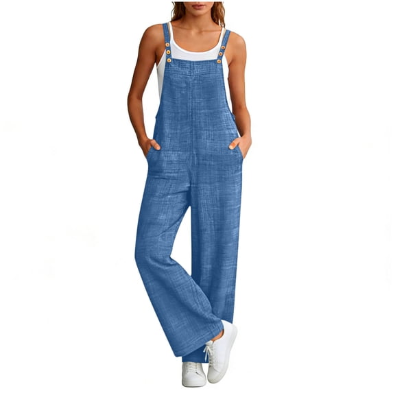 Womens Overall Jumpsuits with Pockets Adjustable Button Straps Sleeveless Loose Wide Leg Bib Romper Long Pants (XL, Sky Blue)