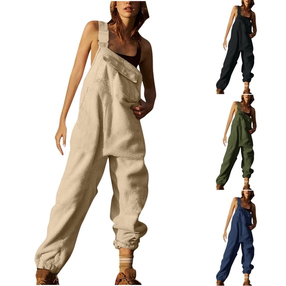 Womens Overalls Casual Loose Fleece Dungarees Winter Warm Baggy Adjustable Straps Jumpsuits Playsuit Sleeveless Bib Pants with Pockets Black M