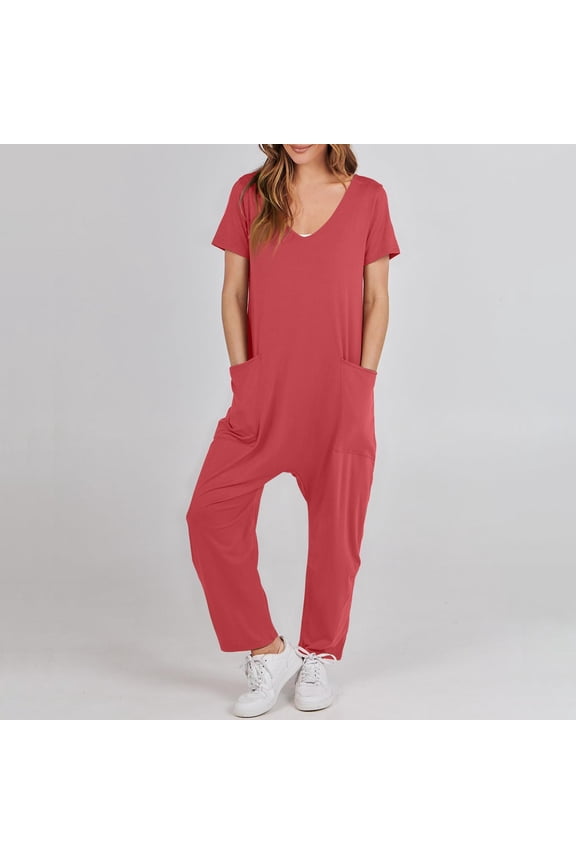 Womens Overalls Casual Loose Short Sleeve Long Trousers Solid Jumpsuit With 2 Pockets Jumpsuit for Women Womens Sleep Jumpsuit Womens Turtleneck Long Sleeve Fall Jumpsuits for Women Wedding Guest 1st